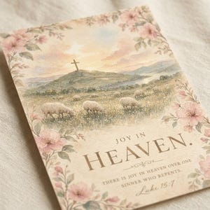 Closeup detail of Luke 15:7 watercolor cross print Joy in Heaven, part of the Good Shepherd set of 6 — wooden cross on hilltop at dawn with the flock below. Christian cross wall art bible verse digital download for faith home decor and pastor appreciation gift.