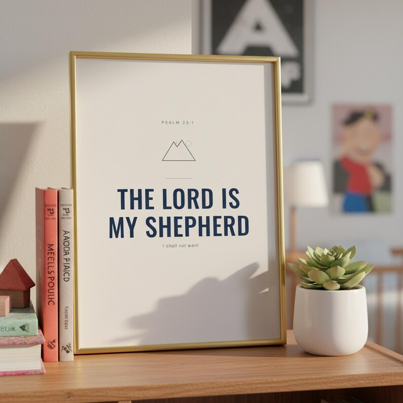 The Lord Is My Shepherd Psalm 23:1 Wall Art Christian Boys Room Print Scripture  — front facing framed mockup on clean white wall with shadow. This elegant christian scripture wall art print features beautiful serif typography on warm cream background. Psalm 23:1 bible verse digital download printable for home office bedroom living room gallery wall decor. Perfect christian gift idea from TheFr...