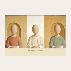 Clean front view of the unframed The Supper at Emmaus digital print on a light neutral background. The full horizontal composition shows Christ seated at the center of a supper table within warm rounded niches, followed by the title and Luke 24:30 in serif type on a cream caption band. The complete borders, warm fresco texture, and restrained palette are visible without props or frame.