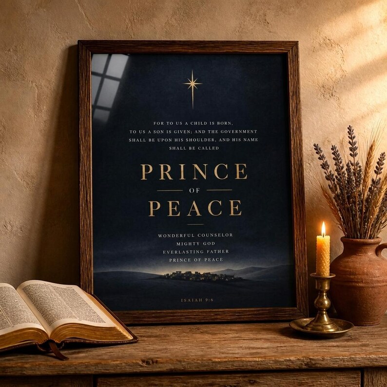 Isaiah 9:6 Prince of Peace on shelf, walnut frame, cozy christmas vignette with candle and pine, dark gold scripture print decor