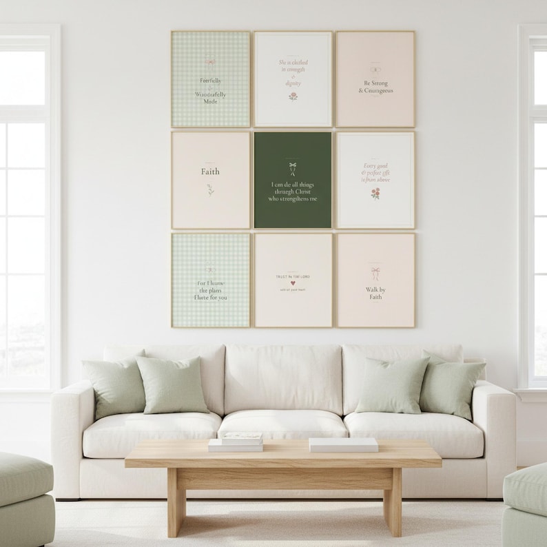 Sage coquette christian wall art set of 9 bible verse prints in gallery wall arrangement above cream linen sofa, living room aesthetic christian decor with sage green botanical accents, girl gallery wall dorm room decor, scriptural wall art digital download TheFramedVerse Etsy shop
