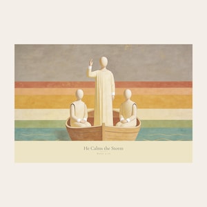 Clean front view of the unframed He Calms the Storm digital print on a light neutral background. The full horizontal composition shows Christ standing in a wooden boat with a raised hand above calm layered water, followed by the title and Mark 4:39 in serif type on a cream caption band. The complete borders, warm fresco texture, and restrained palette are visible without props or frame.