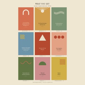 What you get: trendy christian wall art set of 9 digital downloads with all 9 bible verses labeled including Philippians 4:13, Jeremiah 29:11, Psalm 46:10, Romans 8:28, Isaiah 41:10, 1 Corinthians 13:4, Proverbs 3:5, Psalm 23:1, 1 Thessalonians 5:16.
