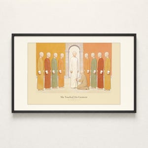 She Touched His Garment Matthew 9:20-22 print in a thin black metal frame, frontal view on a plain white wall, clean modern minimalist styling with soft even overhead light and a faint frame shadow below, e-commerce hero photograph of Christian wall art, biblical illustration instant digital download from TheFramedVerse