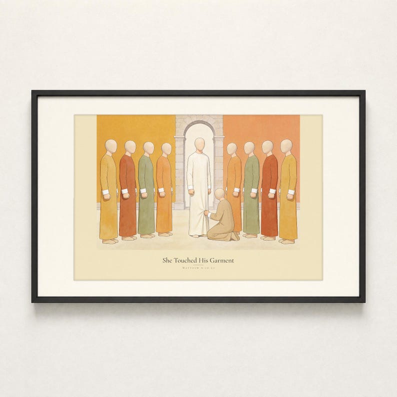 She Touched His Garment Matthew 9:20-22 print in a thin black metal frame, frontal view on a plain white wall, clean modern minimalist styling with soft even overhead light and a faint frame shadow below, e-commerce hero photograph of Christian wall art, biblical illustration instant digital download from TheFramedVerse