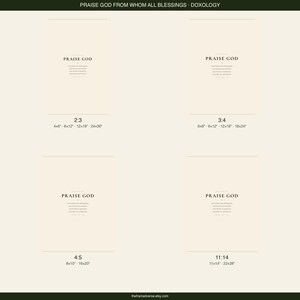 Doxology Praise God From Whom All Blessings Flow hymn lyric digital download printable wall art showing all four available print sizes: 2x3, 3x4, 4x5 and 11x14 inch, dark forest green text on warm cream, instant download doxology print christian hymn song lyric wall art four ratio variants for printing