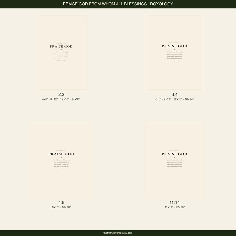 Doxology Praise God From Whom All Blessings Flow hymn lyric digital download printable wall art showing all four available print sizes: 2x3, 3x4, 4x5 and 11x14 inch, dark forest green text on warm cream, instant download doxology print christian hymn song lyric wall art four ratio variants for printing