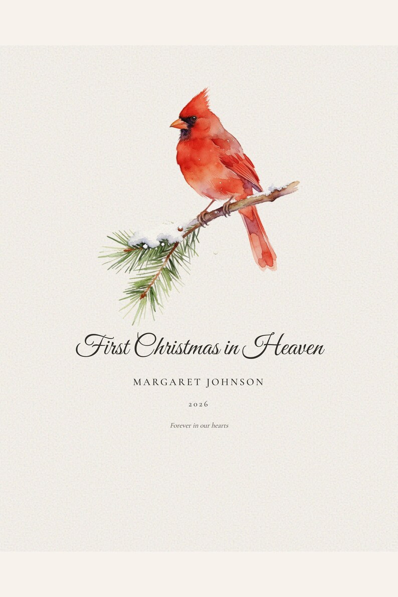 Second personalization variant showing a longer loved one's name within the First Christmas in Heaven cardinal print. Alexandra Catherine Montgomery and 2026 appear beneath snowy pine branches and a red cardinal. The balanced layout demonstrates how extended names are centered clearly while preserving the peaceful spacing and refined seasonal character of the memorial artwork.