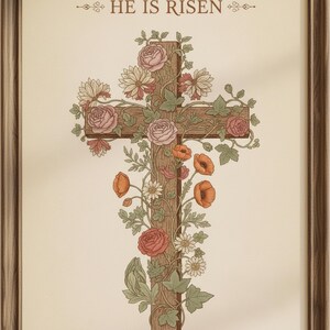 William Morris He is Risen Cross Print – Floral Easter Christian Decor, in vintage William Morris Arts and Crafts botanical style with ornate floral border on aged cream parchment, styled on a wooden floating shelf next to a ceramic vase with dried eucalyptus, creating a warm and inviting Christian home decor vignette