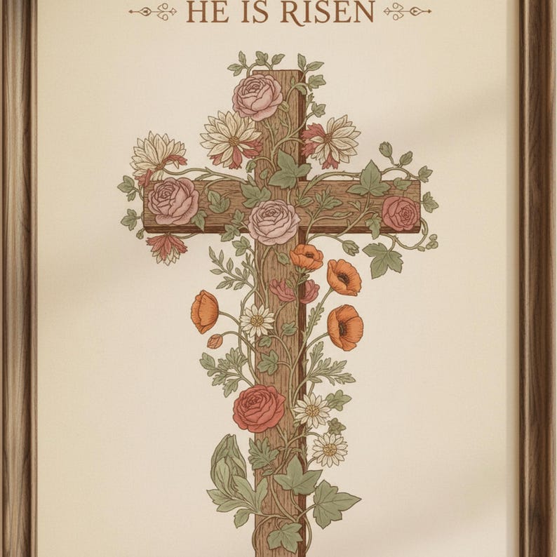 William Morris He is Risen Cross Print – Floral Easter Christian Decor, in vintage William Morris Arts and Crafts botanical style with ornate floral border on aged cream parchment, styled on a wooden floating shelf next to a ceramic vase with dried eucalyptus, creating a warm and inviting Christian home decor vignette