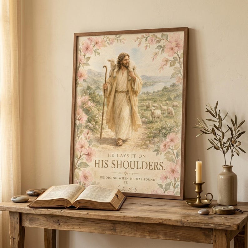 He Lays It On His Shoulders Luke 15:5 watercolor christian wall art leaning on a rustic console table beside an open vintage Bible, brass candlestick, and dried olive branch. Reverent Christian home decor styling — perfect for baptism gift, pastor appreciation, christian housewarming. Digital download.