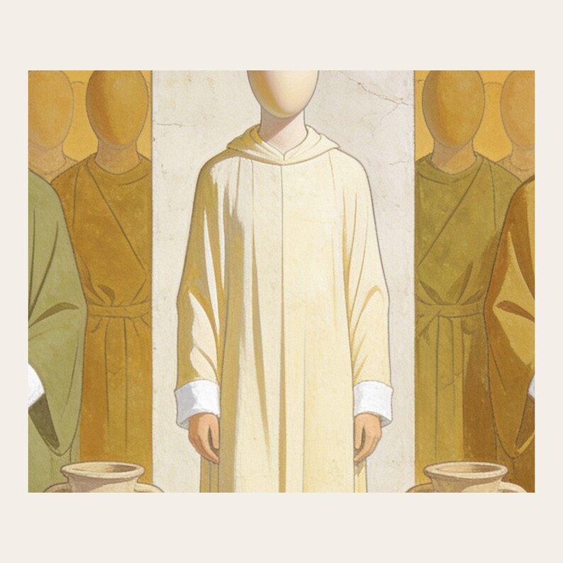 Close detail of The Wedding at Cana, highlighting the six complete jars, centered cream robe, warm ochre panels, sage clothing, and aged fresco grain. The crop reveals softly modeled faceless forms, muted pigment transitions, fine cracks, and paperlike texture in the modern fresco illustration. This view focuses on the artwork surface rather than frame or room styling.