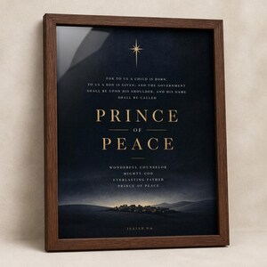 Isaiah 9:6 Prince of Peace framed wall art print, walnut frame close-up, dark navy blue gold typography, scripture christmas decor - TheFramedVerse