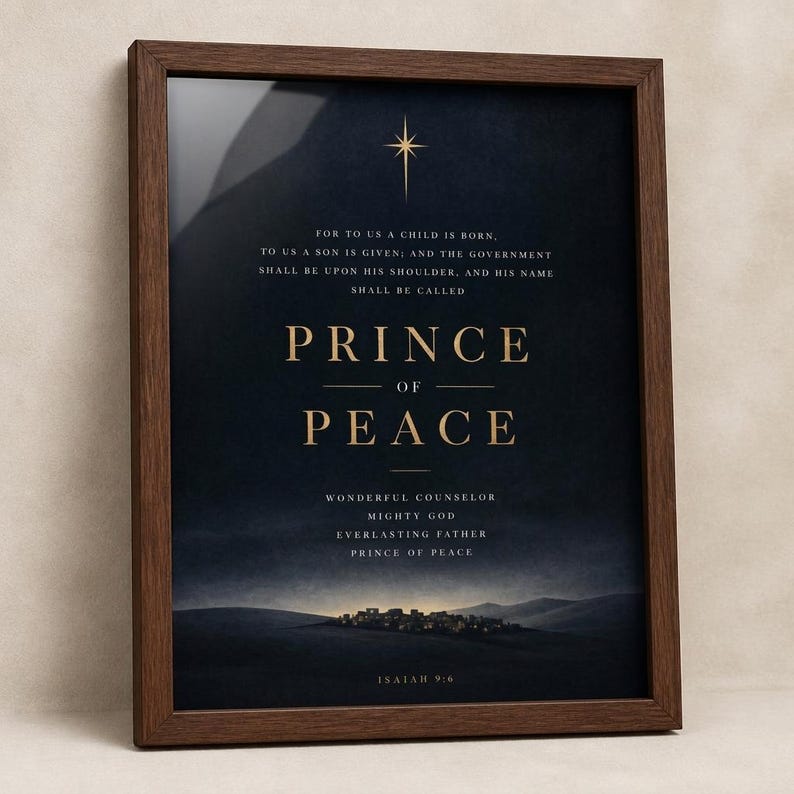 Isaiah 9:6 Prince of Peace framed wall art print, walnut frame close-up, dark navy blue gold typography, scripture christmas decor - TheFramedVerse