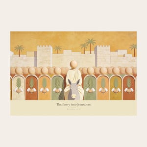 Clean front view of the unframed The Entry into Jerusalem digital print on a light neutral background. The full horizontal composition shows the entry into Jerusalem, with a crowd of faceless figures raising flat palm fronds along the city wall, followed by the title and Matthew 21:9 in serif type on a cream caption band. The complete borders, warm fresco texture, and restrained palette are visible without props or frame.