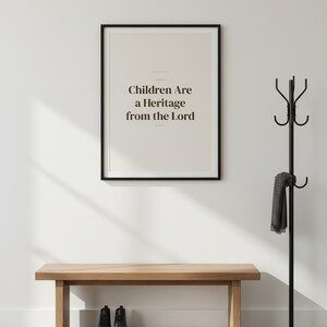 Children Are a Heritage from the Lord Psalm 127:3 Wall Art Christian Fathers Day — shelf mockup leaning on wood shelf with decorative items. This Fathers Day christian scripture wall art print features beautiful serif typography on warm cream background. Psalm 127:3 bible verse digital download printable for home office bedroom living room gallery wall decor. Perfect christian gift idea from Th...