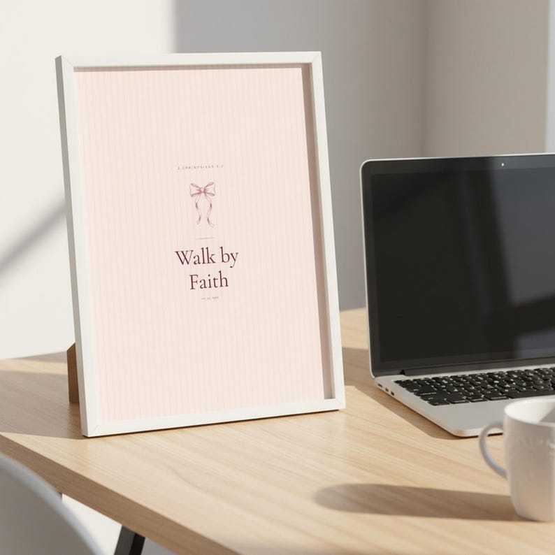 Walk by Faith Not by Sight 2 Corinthians 5:7 Wall Art Pink Blush Coquette Christ — room setting mockup in cozy living space with complementary decor. This coquette bow, pink blush christian scripture wall art print features beautiful serif typography on warm cream background. Sight 2 bible verse digital download printable for home office bedroom living room gallery wall decor. Perfect christian...