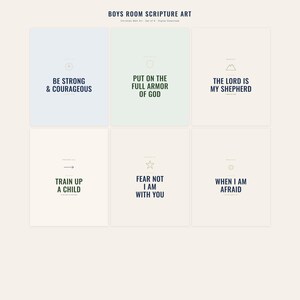 Boys room Christian wall art set of 6 bible verse prints in navy blue and sage green. Joshua 1:9 Be Strong and Courageous, Ephesians 6 Full Armor of God, Psalm 23 The Lord is My Shepherd, Proverbs 22:6 Train Up a Child, Isaiah 41:10 Fear Not I Am With You, Psalm 56:3 When I Am Afraid. Modern minimalist scripture gallery wall for a boys bedroom or nursery.