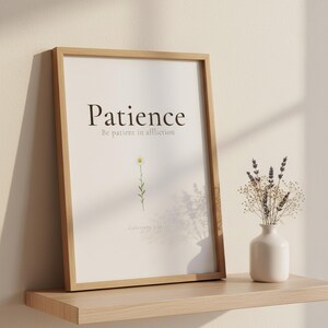 Fruit of the Spirit Patience Bible Verse Wall Art framed on shelf with lavender vase, Galatians 5:22 daisy botanical aesthetic christian floral scripture, Be patient in affliction set of 9 print