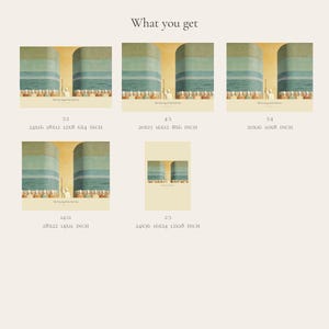 What you get overview for The Parting of the Red Sea and Exodus 14:21. The digital purchase includes high-resolution JPEG artwork in 3:2, 4:3, 5:4, 14:11, and 2:3 portrait formats, plus a PDF size guide. The layout previews the horizontal and portrait options so buyers can match the correct file to a chosen frame.