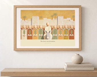 Der Einzug in Jerusalem, Matthäus 21,9 – Moderne christliche Wandkunst, Palmsonntag und Hosanna – Bibelgeschichte (Druck)
