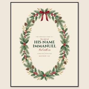 Immanuel God With Us: Matthew 1 23 Christmas Bible Verse Print, They Shall Call His Name, Watercolor Wreath, Nativity Decor