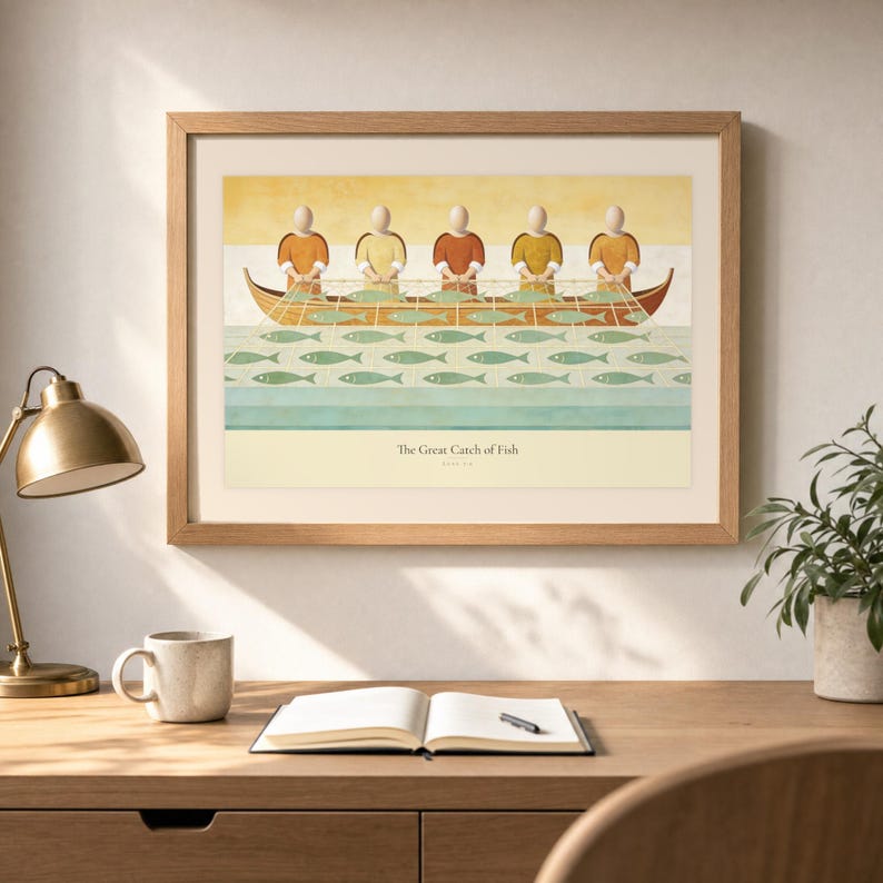Desk mockup of The Great Catch of Fish in a light oak frame above a wooden workspace with a brass lamp, ceramic mug, open notebook, pen, and leafy plant. The artwork shows faceless fishers lifting a broad net filled with sage fish beside a wooden boat. Angled sunlight, neutral styling, and cream matting place the Bible story print in a quiet study or home office setting.