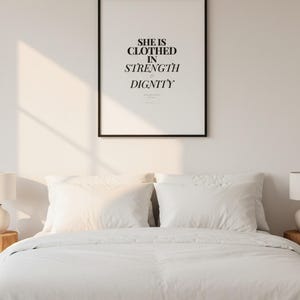 Proverbs 31 25 Wall Art She is Clothed in Strength and Dignity Scripture Print, in elegant Mother's Day design with soft pink watercolor botanical flowers and graceful serif typography, presented showing all included print sizes — 5x7, 8x10, 11x14, 16x20, A4 and A3 — each in crisp JPG and PDF format at professional 300 DPI resolution for sharp printing at home or any local print shop