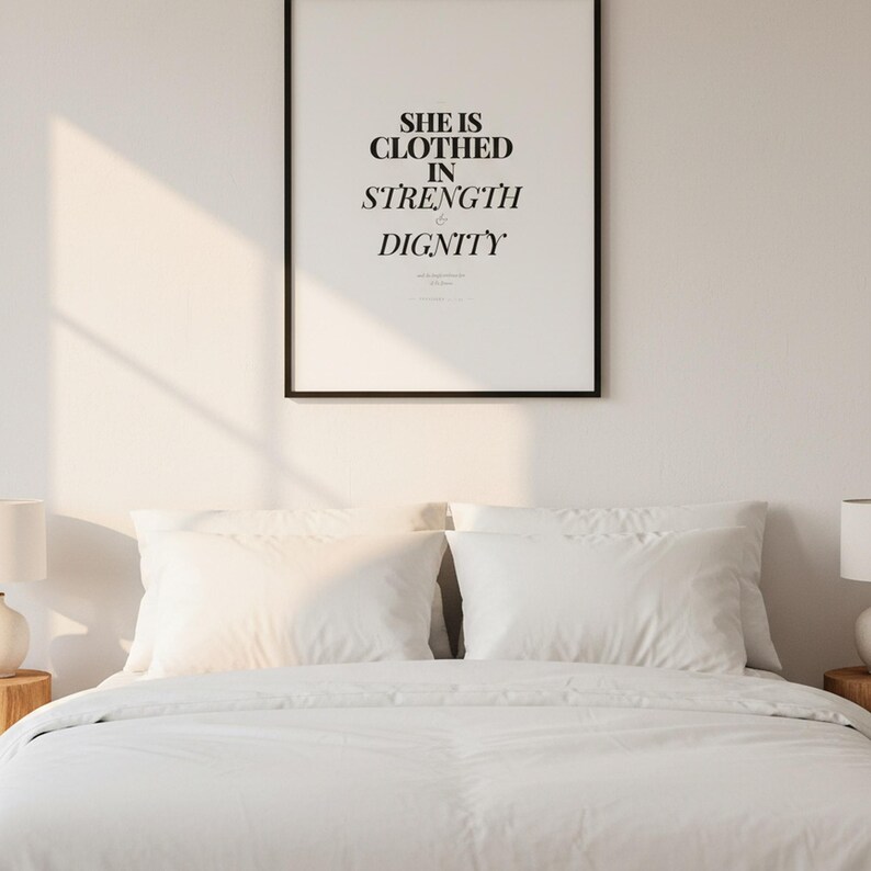 Proverbs 31 25 Wall Art She is Clothed in Strength and Dignity Scripture Print, in elegant Mother's Day design with soft pink watercolor botanical flowers and graceful serif typography, presented showing all included print sizes — 5x7, 8x10, 11x14, 16x20, A4 and A3 — each in crisp JPG and PDF format at professional 300 DPI resolution for sharp printing at home or any local print shop