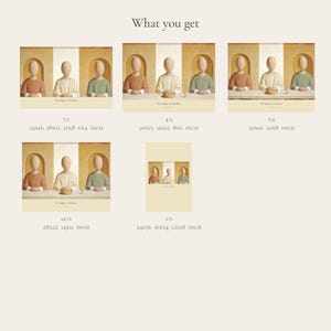 What you get overview for The Supper at Emmaus and Luke 24:30. The digital purchase includes high-resolution JPEG artwork in 3:2, 4:3, 5:4, 14:11, and 2:3 portrait formats, plus a PDF size guide. The layout previews the horizontal and portrait options so buyers can match the correct file to a chosen frame.
