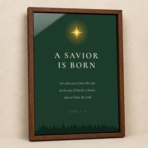 A Savior Is Born Scripture Print | Luke 2:11 Christmas Wall Art | Dark Green Minimalist Nativity Printable image 2