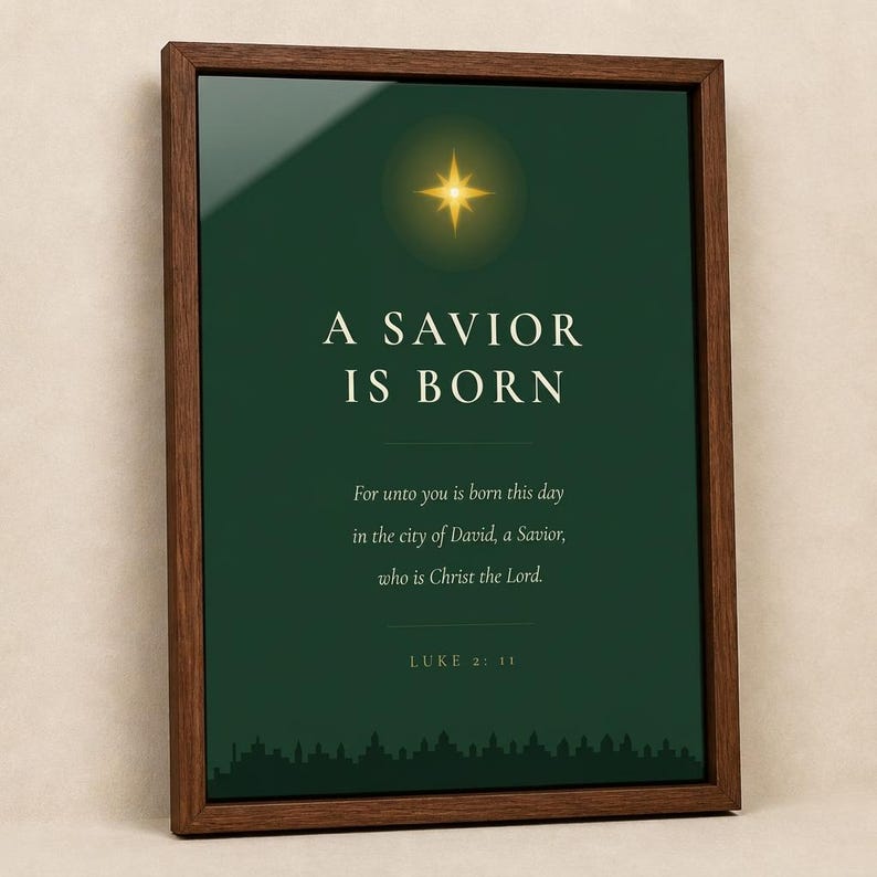 A Savior Is Born Scripture Print | Luke 2:11 Christmas Wall Art | Dark Green Minimalist Nativity Printable image 2