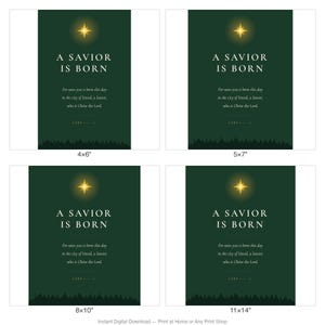 A Savior Is Born Scripture Print | Luke 2:11 Christmas Wall Art | Dark Green Minimalist Nativity Printable image 4
