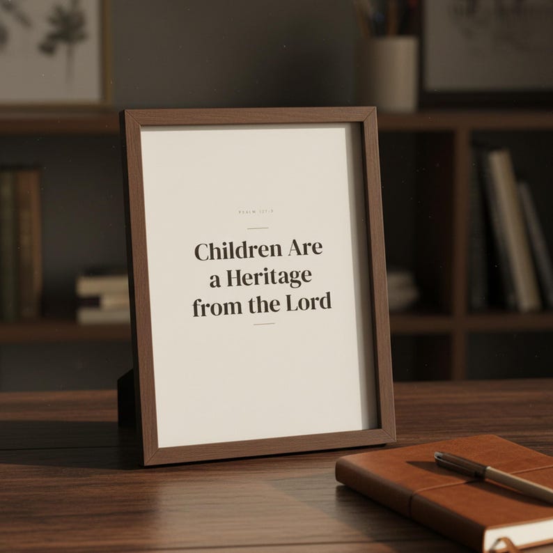 Children Are a Heritage from the Lord Psalm 127:3 Wall Art Christian Fathers Day — lifestyle mockup in modern room setting with elegant framed print on wall. This Fathers Day christian scripture wall art print features beautiful serif typography on warm cream background. Psalm 127:3 bible verse digital download printable for home office bedroom living room gallery wall decor. Perfect christian ...