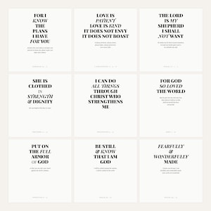 Christian Wall Art Set of 9 Bible Verse Prints featuring Jeremiah 29:11, 1 Corinthians 13, Psalm 23, Proverbs 31:25, Philippians 4:13, John 3:16, Ephesians 6:11, Psalm 46:10, and Psalm 139:14 in modern bold typography on white background, digital download printable scripture gallery wall decor