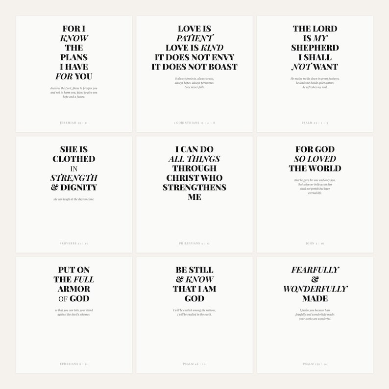 Christian Wall Art Set of 9 Bible Verse Prints featuring Jeremiah 29:11, 1 Corinthians 13, Psalm 23, Proverbs 31:25, Philippians 4:13, John 3:16, Ephesians 6:11, Psalm 46:10, and Psalm 139:14 in modern bold typography on white background, digital download printable scripture gallery wall decor