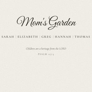 Detailed close view of the personalized names, custom title and Scripture beneath a Christian watercolor birth flower bouquet. Crisp type displays the family name line and Children are a heritage from the LORD, Psalm 127:3, while soft petals and natural paper texture remain visible above. The image highlights the careful custom details of the finished gift.