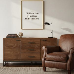 Children Are a Heritage from the Lord Psalm 127:3 Wall Art Christian Fathers Day — close-up detail of typography and paper texture. This Fathers Day christian scripture wall art print features beautiful serif typography on warm cream background. Psalm 127:3 bible verse digital download printable for home office bedroom living room gallery wall decor. Perfect christian gift idea from TheFramedVe...