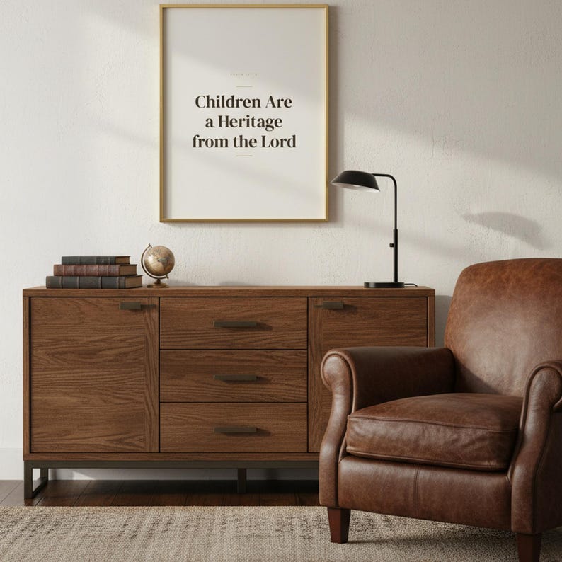 Children Are a Heritage from the Lord Psalm 127:3 Wall Art Christian Fathers Day — close-up detail of typography and paper texture. This Fathers Day christian scripture wall art print features beautiful serif typography on warm cream background. Psalm 127:3 bible verse digital download printable for home office bedroom living room gallery wall decor. Perfect christian gift idea from TheFramedVe...
