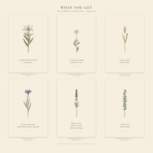 What you get: wildflower bible verse wall art set of 6 digital downloads including Matthew 6:28 lily, Ecclesiastes 3:11 daisy, Isaiah 40:8 wheat, Psalm 103:15 cornflower, Philippians 4:8 lavender, 1 Chronicles 16:11 eucalyptus. Each print at 300 DPI
