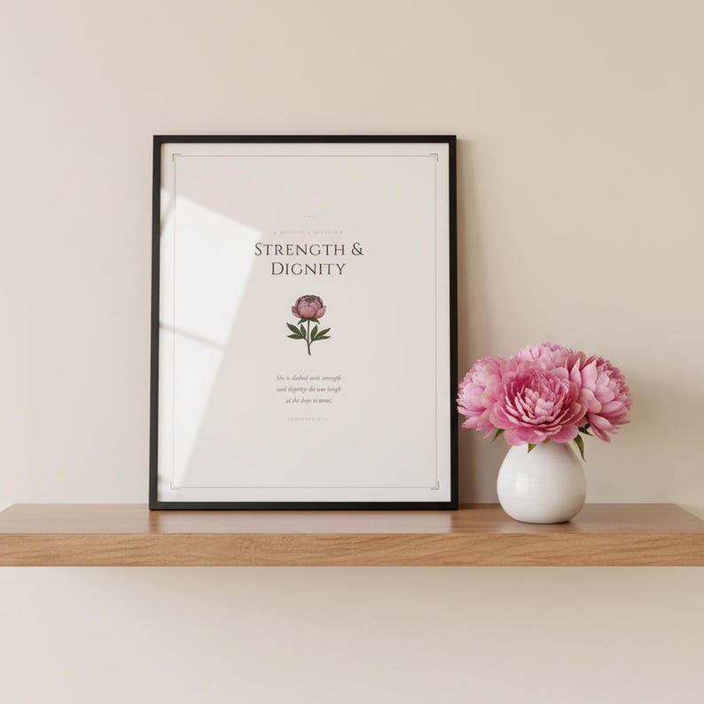 Mothers Day Scripture Set of 3 Christian Wall Art Proverbs 31 Psalm 46 Bible, in gentle sage green nursery design with soft botanical watercolor illustration and calming earth tones, showcased in an elegant contemporary home interior with curated decor elements, demonstrating how this Christian art piece elevates any living space