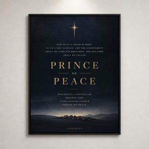 Isaiah 9:6 Prince of Peace flat lay, black frame, dark navy blue background with gold star and Bethlehem city silhouette, christian christmas wall art