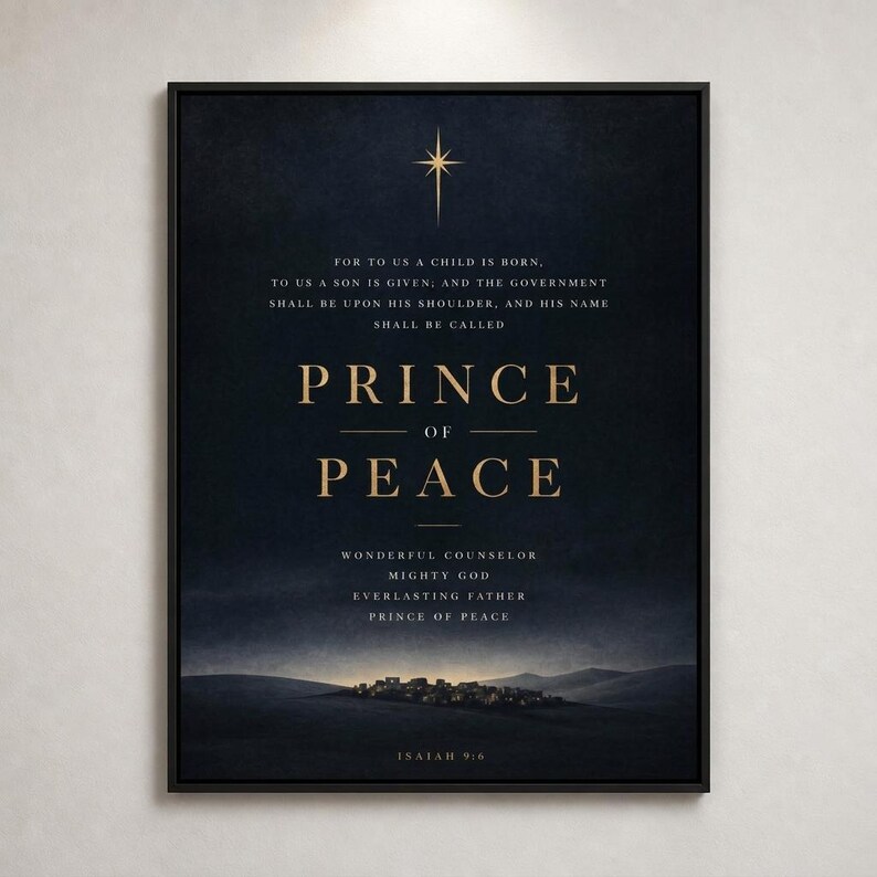 Isaiah 9:6 Prince of Peace flat lay, black frame, dark navy blue background with gold star and Bethlehem city silhouette, christian christmas wall art