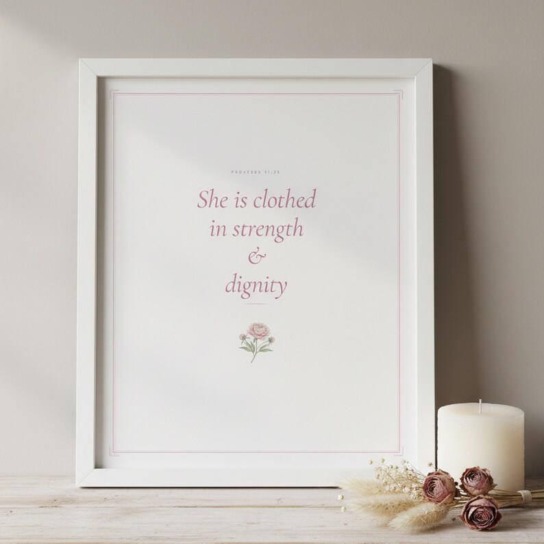 Pink Coquette Christian Wall Art Set of 9 Bible Verse Scripture Print Blush Flor — front facing framed mockup on clean white wall with shadow. This coquette bow, botanical, pink blush christian scripture wall art print features beautiful serif typography on warm cream background. digital download printable for home office bedroom living room gallery wall decor. Perfect christian gift idea from ...
