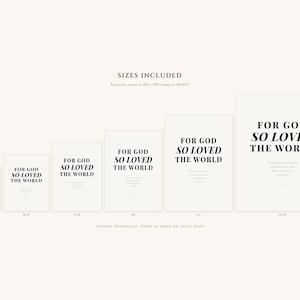John 3 16 Wall Art For God So Loved the World Scripture Print Modern Christian, — "For God so loved the world that He gave His one and only Son", in contemporary bold serif typography in black on clean white background, showcased in an elegant contemporary home interior with curated decor elements, demonstrating how this Christian art piece elevates any living space