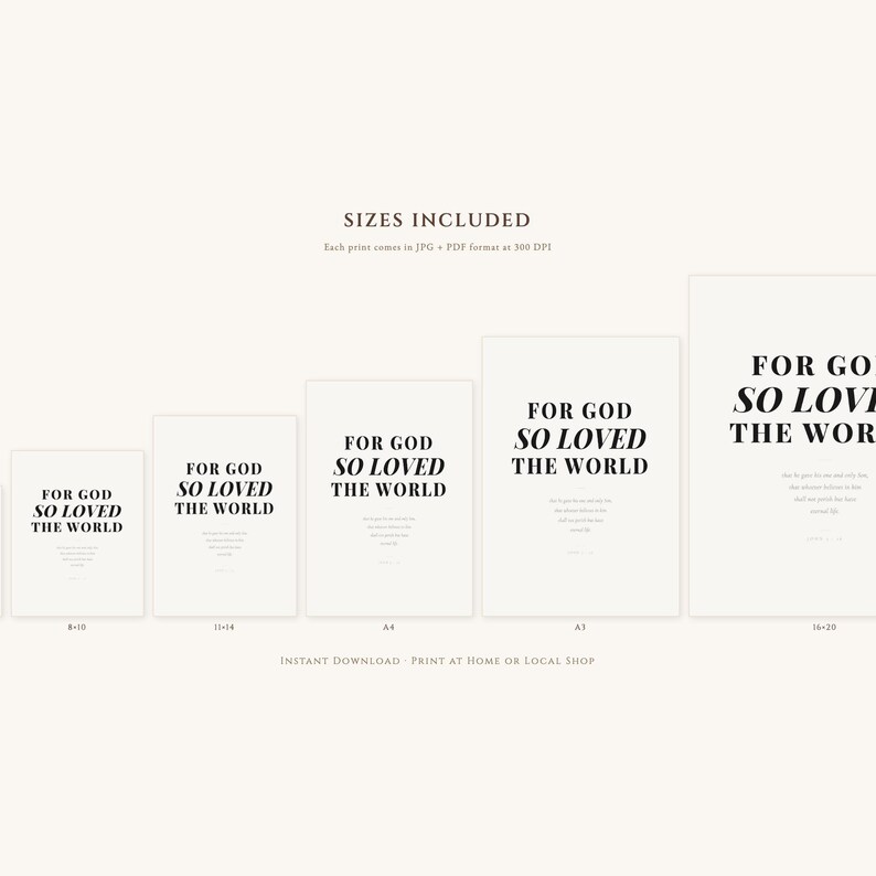 John 3 16 Wall Art For God So Loved the World Scripture Print Modern Christian, — "For God so loved the world that He gave His one and only Son", in contemporary bold serif typography in black on clean white background, showcased in an elegant contemporary home interior with curated decor elements, demonstrating how this Christian art piece elevates any living space