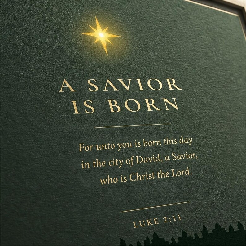 A Savior Is Born Scripture Print | Luke 2:11 Christmas Wall Art | Dark Green Minimalist Nativity Printable image 5
