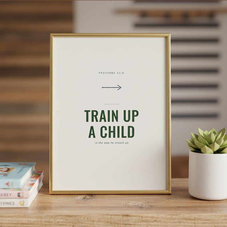 Train Up a Child Proverbs 22:6 Wall Art Christian Boys Room Print Scripture Deco — front facing framed mockup on clean white wall with shadow. This elegant christian scripture wall art print features beautiful serif typography on warm cream background. Proverbs 22:6 bible verse digital download printable for home office bedroom living room gallery wall decor. Perfect christian gift idea from Th...