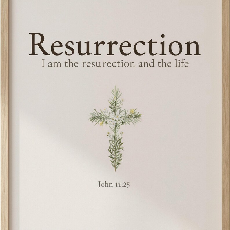He is Risen Easter Wall Art, Floral Cross Scripture Print, in beautiful floral cross composed of spring roses, greenery and wildflowers, styled on a wooden floating shelf next to a ceramic vase with dried eucalyptus, creating a warm and inviting Christian home decor vignette. Instant digital download printable wall art in multiple sizes for easy home printing