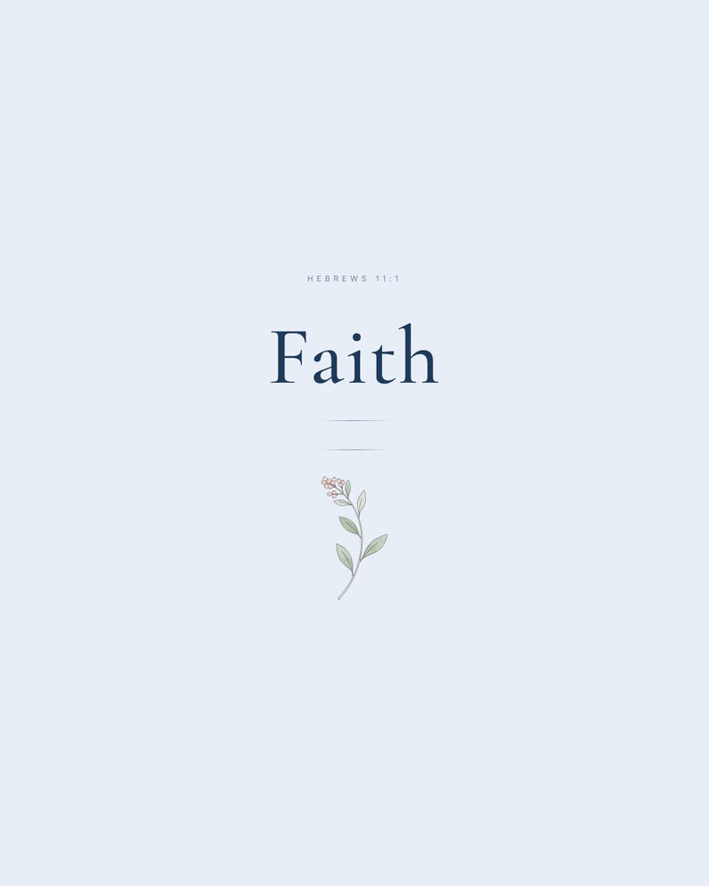 Faith Hebrews 11:1 printable Christian wall art in blue navy coquette aesthetic. Elegant Cormorant Garamond serif typography with hand-drawn botanical illustrations and decorative ribbon bow accents. "Now faith is confidence in what we hope for and a